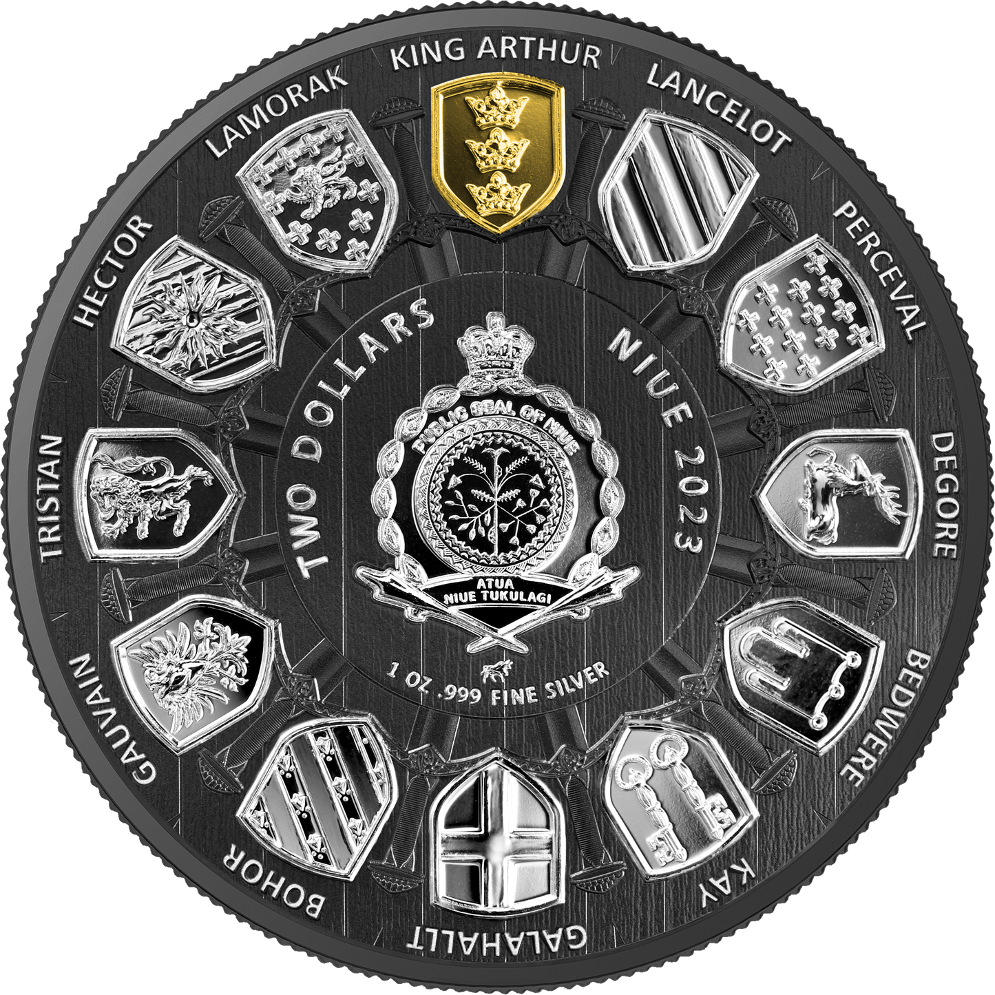 ARTHUR PENDRAGON Camelot Gilded 1 Oz Silbermünze 2$ Niue 2023 - Multimetal Plating, Hologram, Numbering
