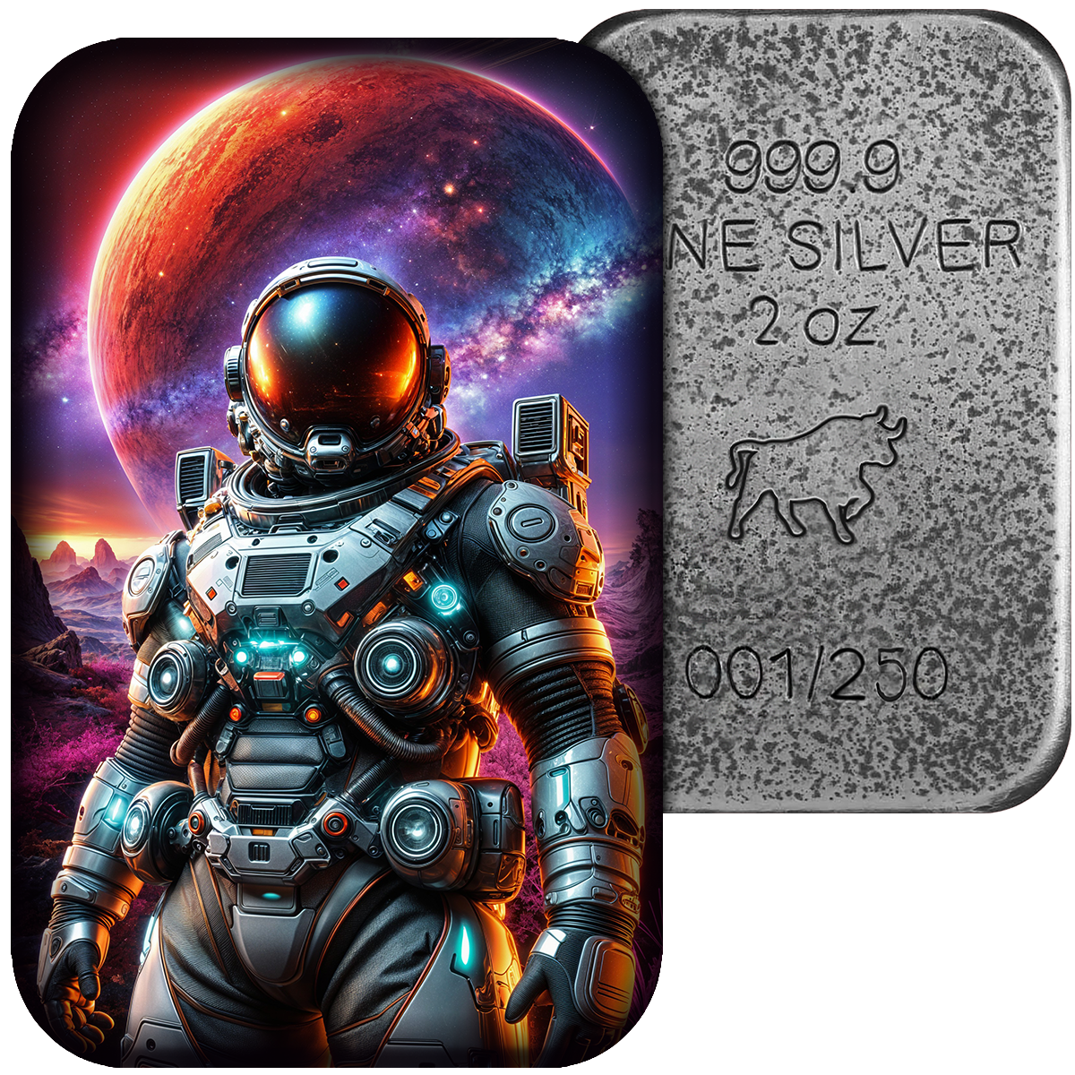 Astronaut 999,9 Silberbarren 2 oz koloriert Asturmint 2025