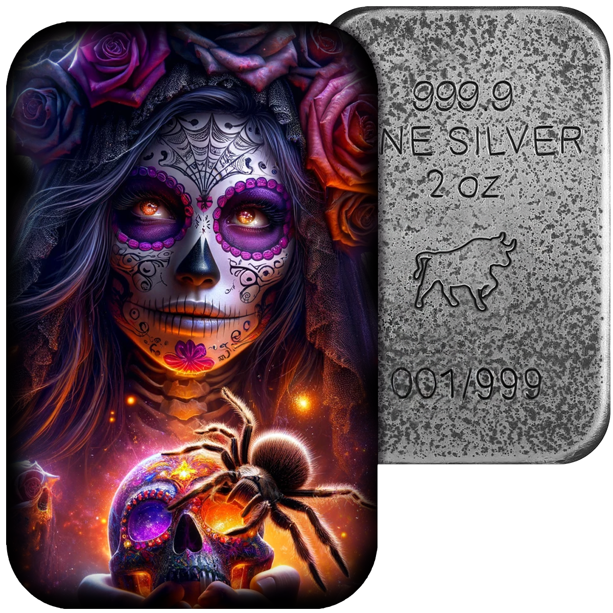 Dia de los Muertos & Spinne - Silberbarren 2 oz koloriert Asturmint