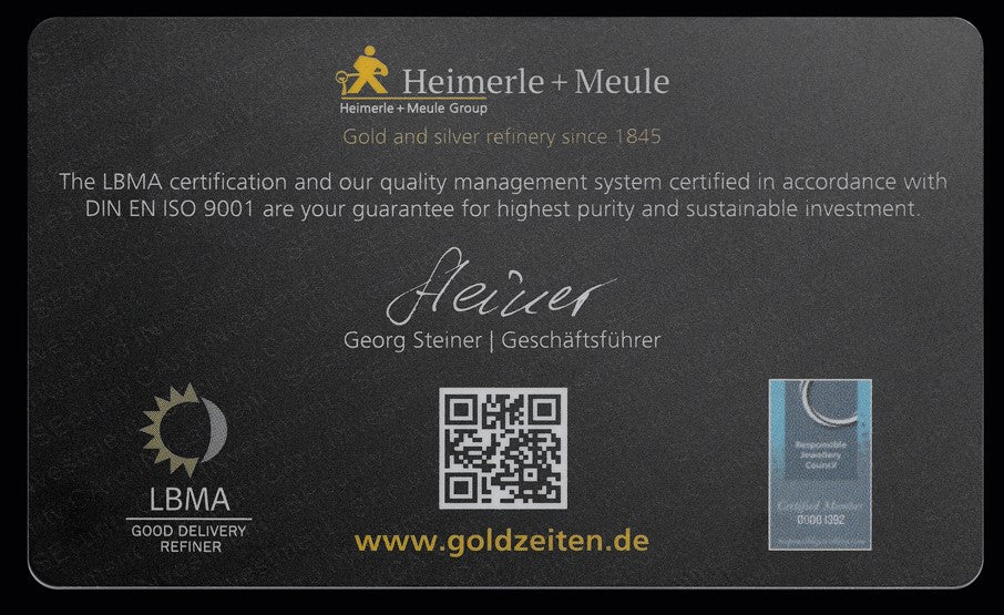 Goldbarren 1 Gramm - Heimerle und Meule Fine Card - Secain Card**