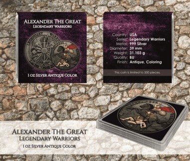 Alexander der Große Legendary Warriors 1 Oz Silber Antik Finish koloriert