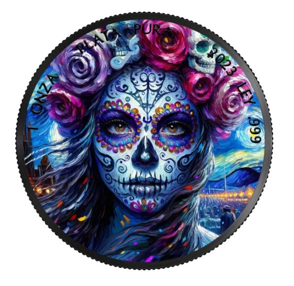 Mexico Dia de los Muertos Impressionismus 1 oz Silbermünze koloriert 2023