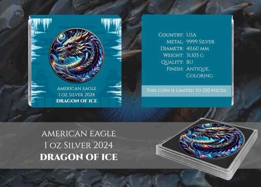 American Eagle Dragon Of Ice Color 1oz Antik koloriertes Silber 2024