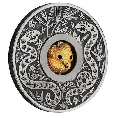 Tuvalu - 1 TVD Lunar III Schlange 2025 - 1 Oz Silber Antik Finish Rotating Charm