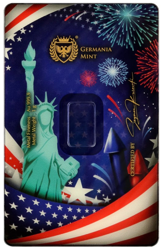 Independence Day 4th of July Goldbarren 1 Gramm Germania Mint im Safepack**