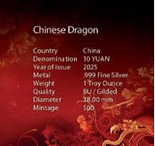 China Drache Dragon Silbermünze 1 oz 999 Gilded Silber BU 2025