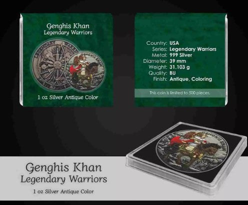 Dschingis Khan Legendary Warriors 1 oz Silber in Antikfarbe