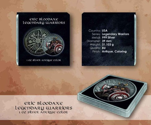 Eric Bloodaxe Legendary Warriors 1 oz Silber in Antikfarbe