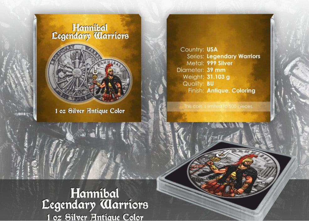Hannibal Legendary Warriors 1 oz Silber Antik Finish koloriert 2025 Antik Farbe