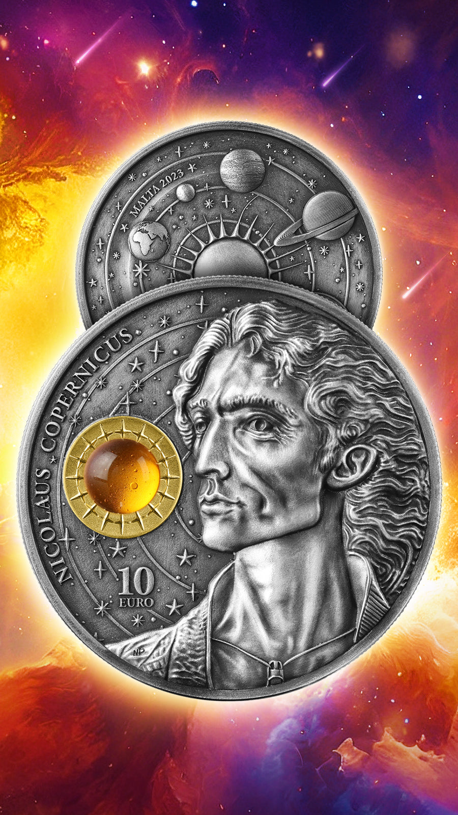 Copernicus 2 oz Silber 999 BU - 2023 Malta - AntikFinish, vergoldet, nummeriert