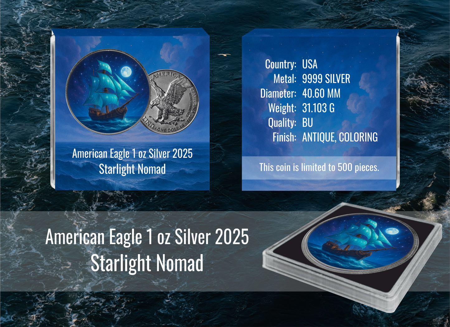 American Eagle 1 oz Silber 2025 Master of the seas Starlight Nomad Antik Farbe