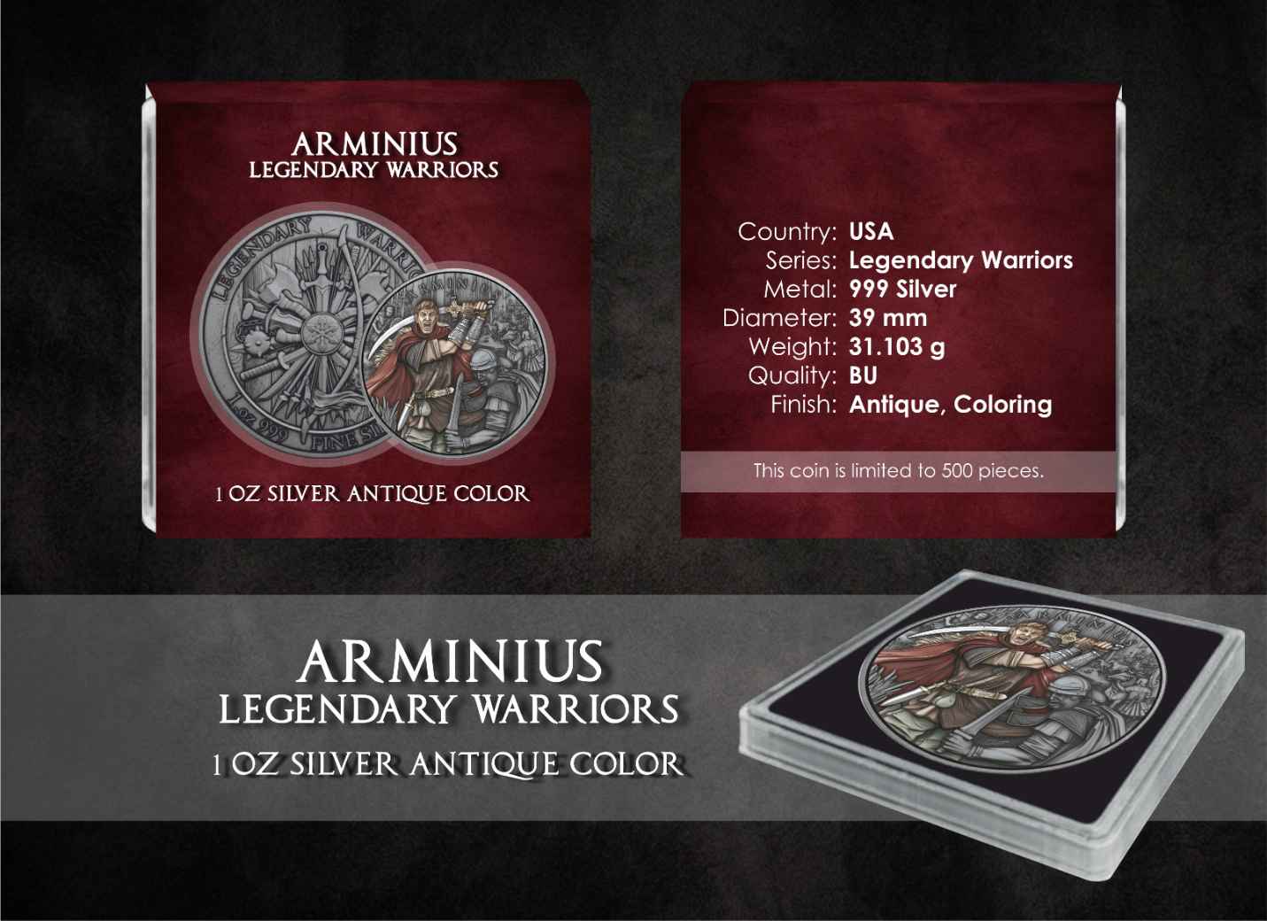 Arminius Legendary Warriors 1 oz Silber Antik Finish koloriert 2026 Antik Farbe
