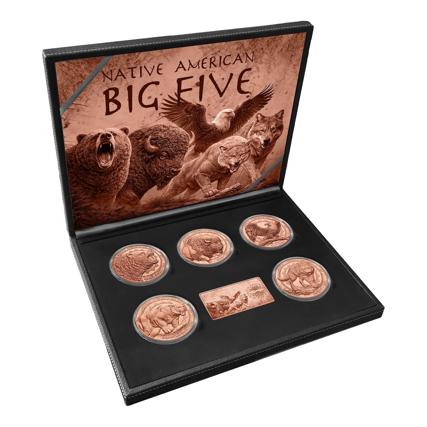 USA, 5x 1 Dollar Native American Big Five, 5x 5 Unzen Kupfer + 1 Unze Kupferbarren 2026