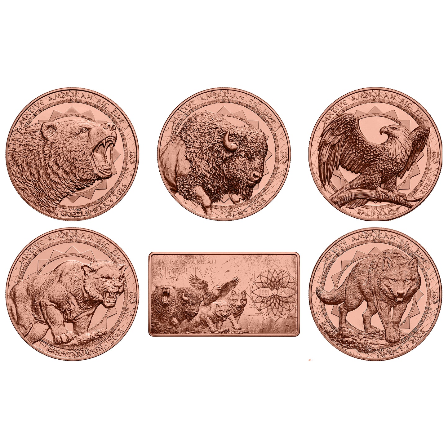 USA, 5x 1 Dollar Native American Big Five, 5x 5 Unzen Kupfer + 1 Unze Kupferbarren 2026