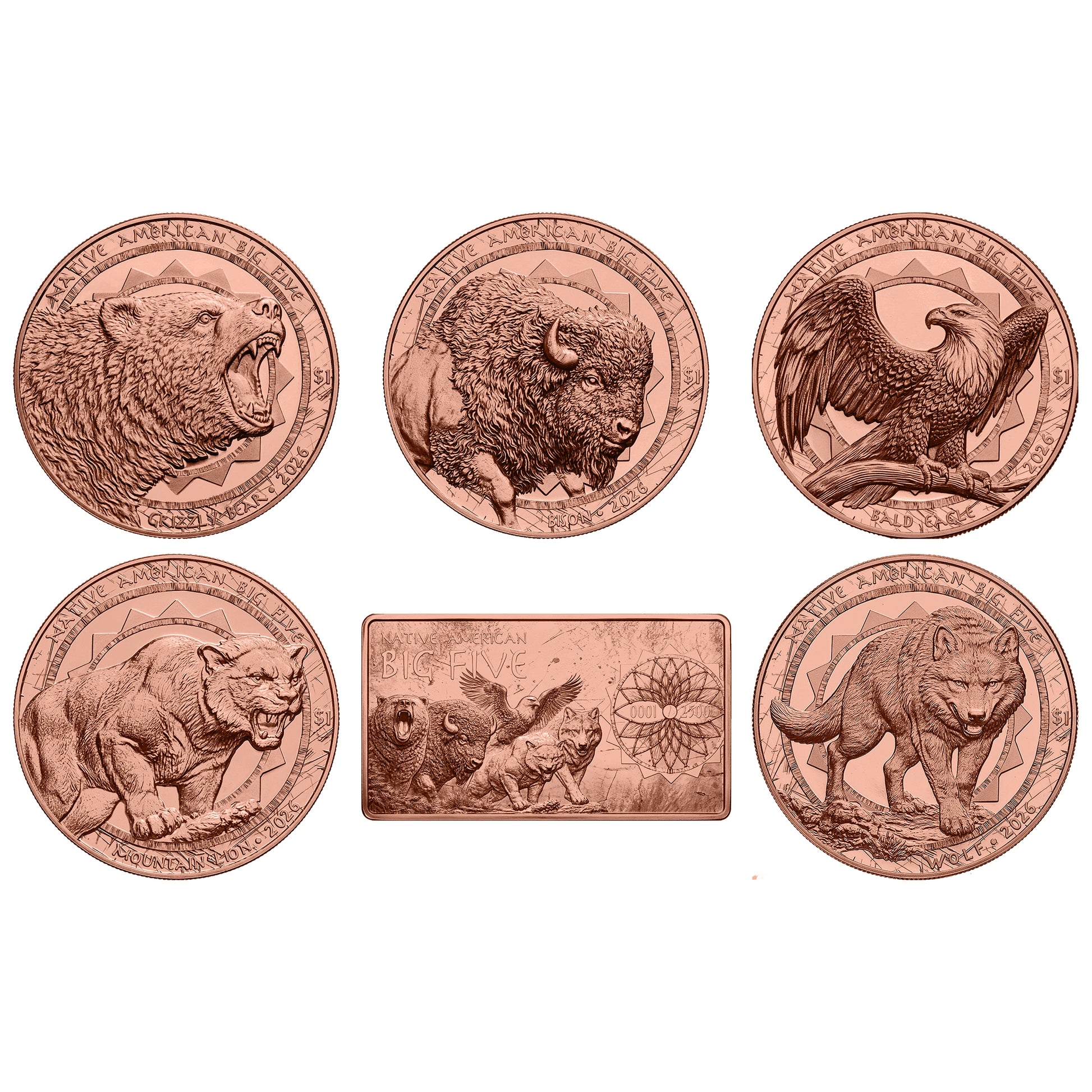 USA, 5x 1 Dollar Native American Big Five, 5x 5 Unzen Kupfer + 1 Unze Kupferbarren 2026