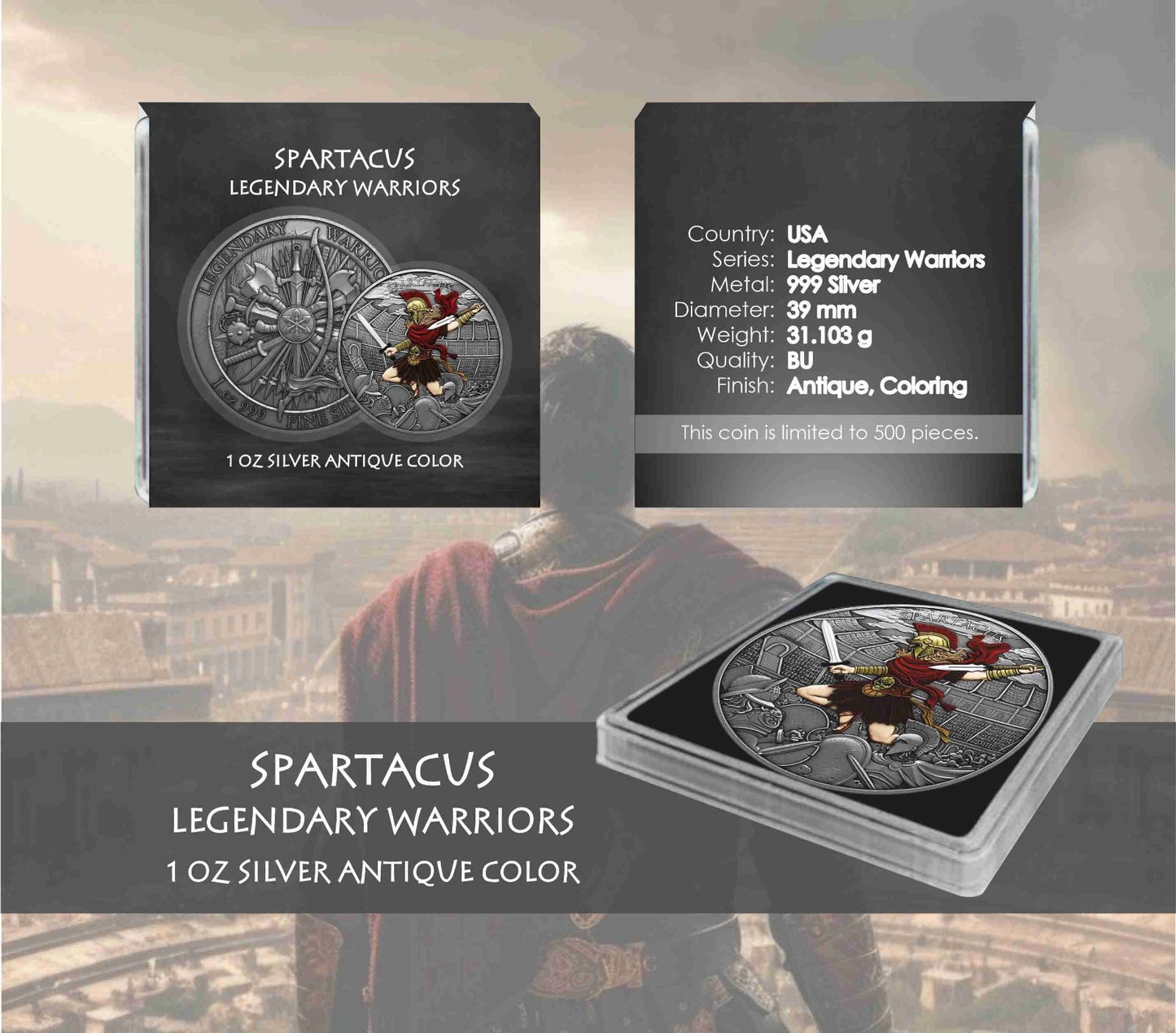 Spartacus Legendary Warriors 1 oz Silber in Antikfarbe