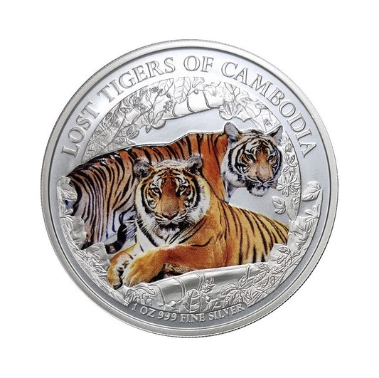 Silbermünze 1 oz Lost Tigers of Kambodscha 2024 koloriert