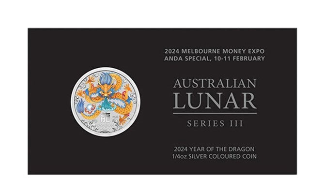 Lunar 3 Gelber Drache 2024 - 1/4 Oz Silber Color in Blisterkarte - Melbourne Money Expo Anda