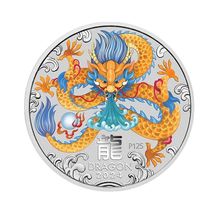 Lunar 3 Drache, 5 Oz Silbermünze coloriert Farbe 2024 - Perth Mint
