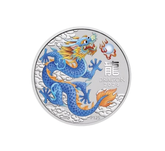 Lunar 3 Drache blau (Blue Dragon) 2024 - 1 Oz Silber Color Farbe*