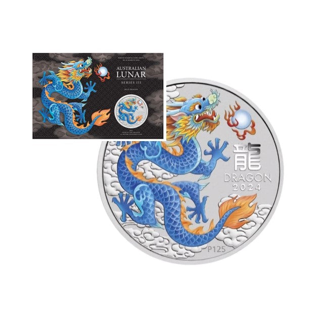 Lunar 3 Drache blau (Blue Dragon) 2024 - 1 Oz Silber Color in Blisterkarte