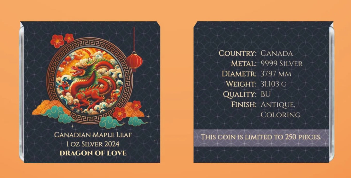 Kanada Maple Leaf Dragon Of Love Color 1 oz Silber 2024 in Farbe*