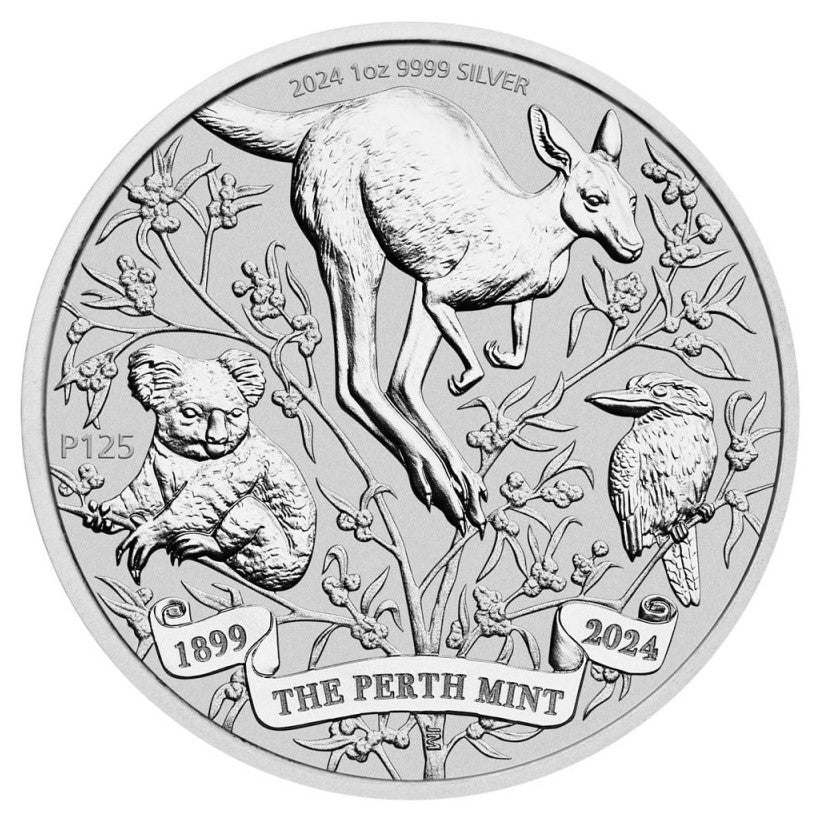 Silbermünze 1 oz 125 Jahre Jubiläum Perth Mint 2024 Känguru Koala Kookaburra