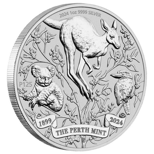 Silbermünze 1 oz 125 Jahre Jubiläum Perth Mint 2024 Känguru Koala Kookaburra