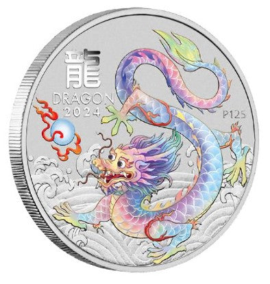 Lunar 3 Drache weiß (White Dragon) 2024 - 1 Oz Silber Color in Blisterkarte Brisbane Money Expo 2024