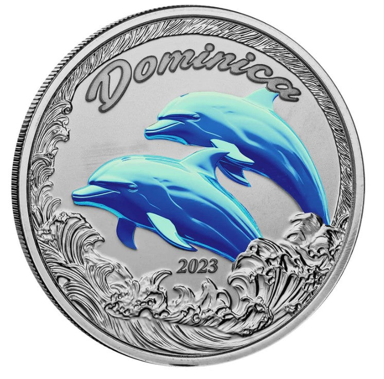 Eastern Caribbean 1 Oz Silbermünze 2023, Dominica Color EC8 Farbe Delphin
