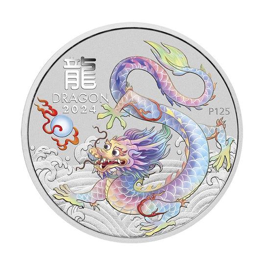 Australien Lunar 3 Drache weiß 1/2 Oz Silbermünze coloriert 2024