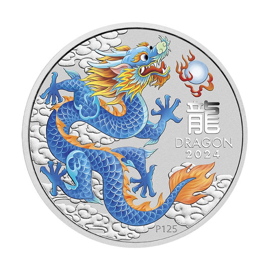 Australien Lunar 3 Drache blau 1/2 Oz Silbermünze coloriert 2024 - Perth Mint*