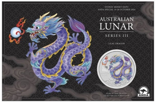 Lunar 3 Drache Hell-Lila (lilac dragon) 2024 - 1 Oz Silber Color in Blisterkarte*