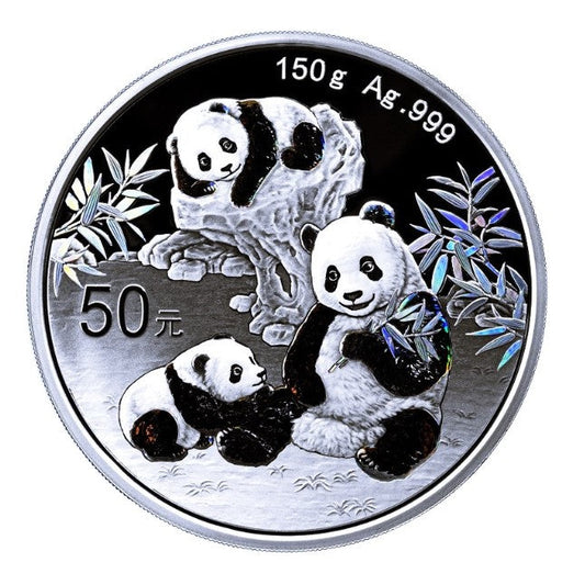 China Panda 150 Gramm Silbermünze 2025 Proof Regenbogeneffekt Color 50 Yuan