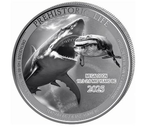 Kongo - 20 Francs Prähistorisches Leben II. Megalodon (5.) - 1 Oz Silber