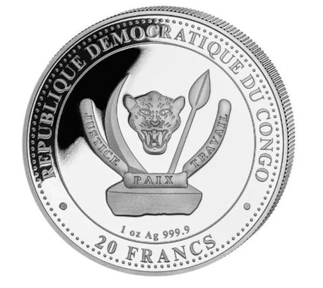 Kongo - 20 Francs Prähistorisches Leben II. Megalodon (5.) - 1 Oz Silber