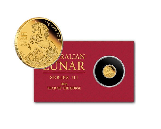 Australien - 2 AUD Lunar 3 Pferd 2026 - 0,5g Gold im Blister 1/2 Gramm Goldmünze