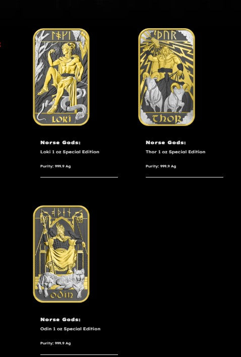 3 x Silberbarren 1 oz Großbritannien Nordische Götter Norse Gods - Loki + Odin + Thor spezial Edition