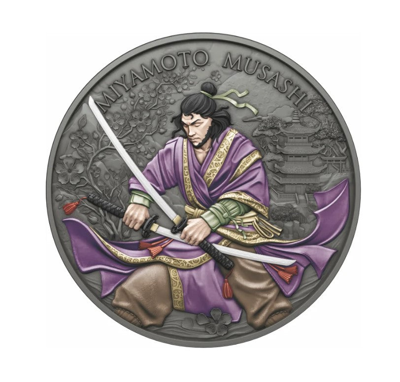 Miyamoto Musashi Legendary Warriors 1 oz Silber Antik Finish koloriert 2026 Antik Farbe
