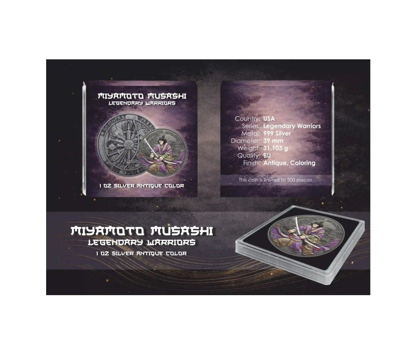 Miyamoto Musashi Legendary Warriors 1 oz Silber Antik Finish koloriert 2026 Antik Farbe