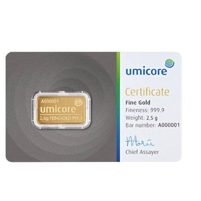 Goldbarren 2,5 Gramm Gold -  Umicore Prägebarren