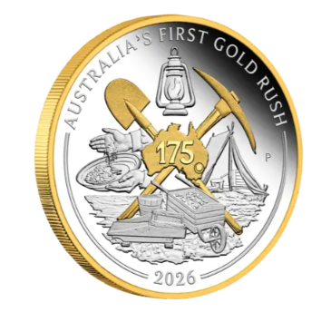 Australia's First Gold Rush 1 oz Silber PP 2026 - 175. Jubiläum - Teilvergoldet