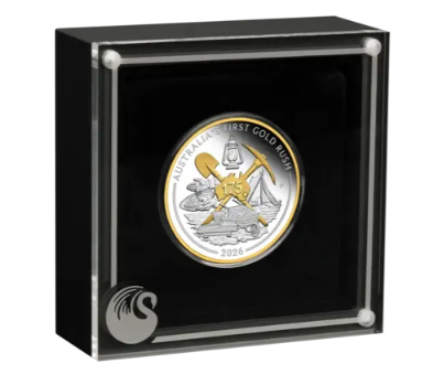 Australia's First Gold Rush 1 oz Silber PP 2026 - 175. Jubiläum - Teilvergoldet