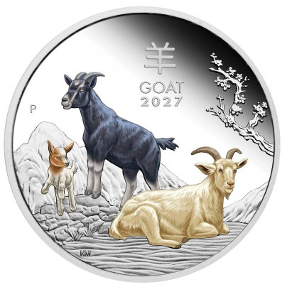 Australien -  Lunar 3 Ziege 2027 - 1 Oz Silber PP Color Farbe