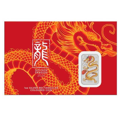 Australien - Drachen Barren Golden Dragon 2026 - 1 Oz Silber Color im Blister