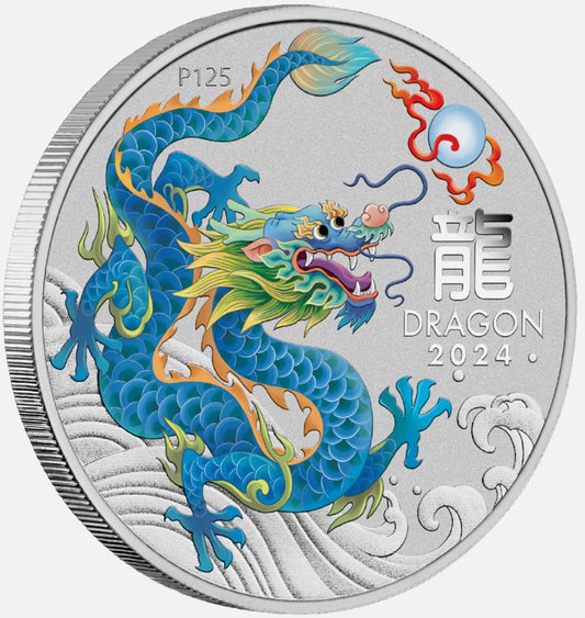 Lunar 3 Drache hellblau (Teal Dragon) 2024 - 1 Oz Silber Color in Blisterkarte 2024