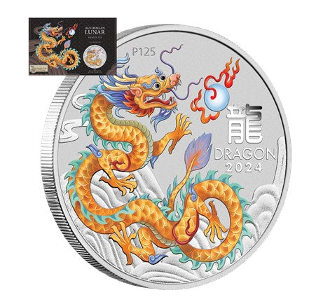 Lunar 3 Drache Gold (Golden Dragon) 2024 - 1 Oz Silber Color in Blisterkarte 2024