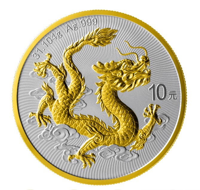 China Drache Dragon Silbermünze 1 oz 999 Gilded Silber BU 2025