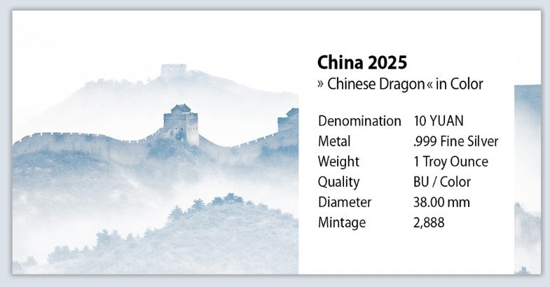 China Drache Dragon Silbermünze 1 oz 999 Farbe Silber BU 2025