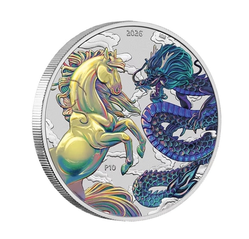 Dragon and Horse Myths and Legends Farbe Silbermünze 1 oz 2026 Perth Mint